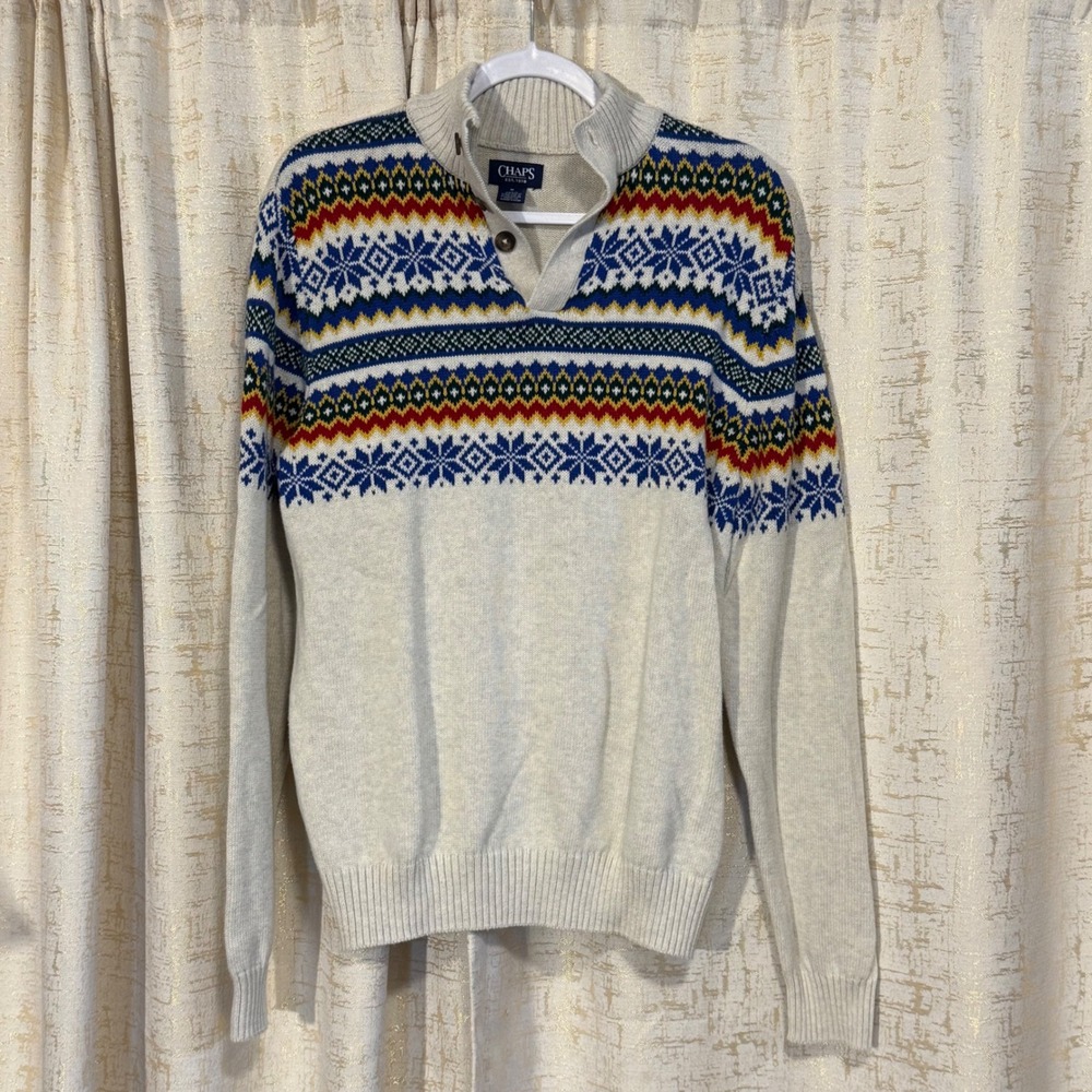 Chaps Men's Medium‎ Long Sleeve Snowflake Button Mock Neck Sweater White Cotton